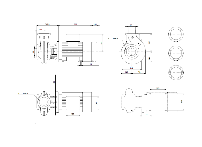 Габаритные размеры насоса Grundfos NB 65-200/219 AF2ABAQE артикул: 98341207