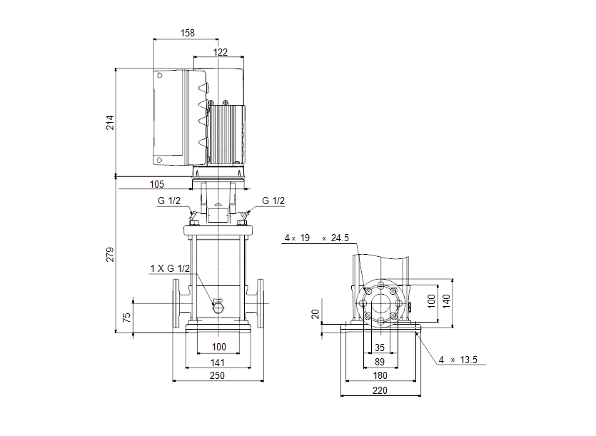 Габаритные размеры насоса Grundfos CRE 3-2 N-FGJ-A-E-HQQE артикул: 98389710
