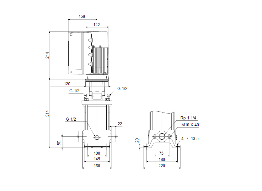 Габаритные размеры насоса Grundfos CRE 5-4 A-A-A-E-HQQE артикул: 98390009