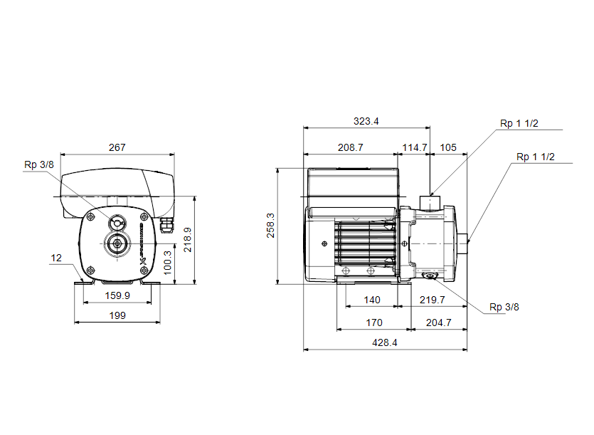 Габаритные размеры насоса Grundfos CME 10-2 A-R-I-V-AQQV артикул: 98396198