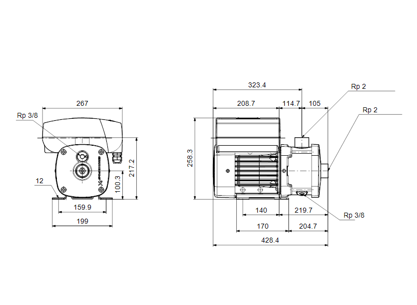 Габаритные размеры насоса Grundfos CME 15-1 A-R-G-V-AQQV артикул: 98396414