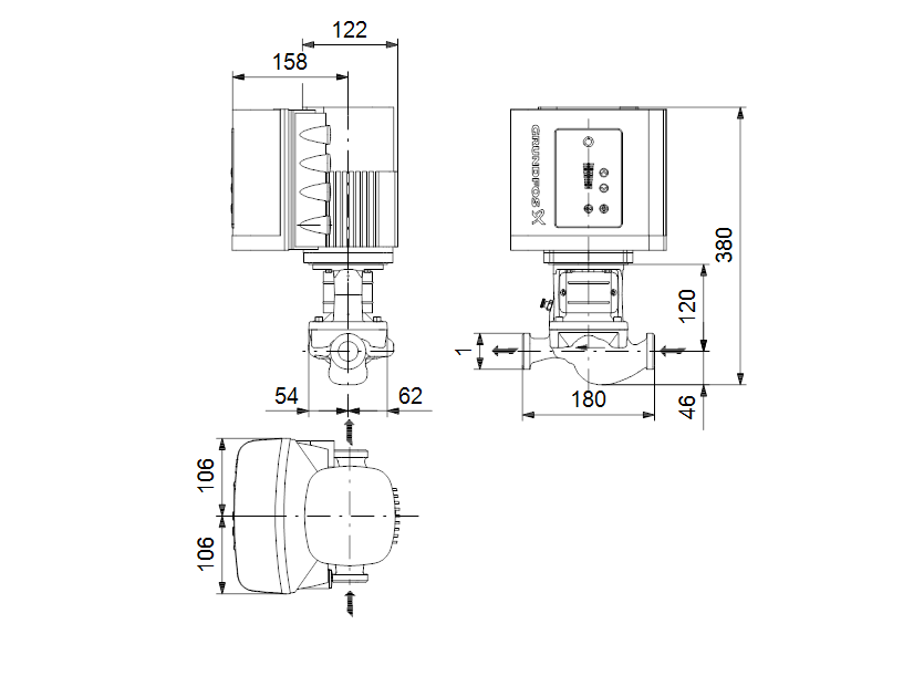 Габаритные размеры насоса Grundfos TPE 25-80/2-A-O-A-BQQE 1X230 50HZ артикул: 98525614