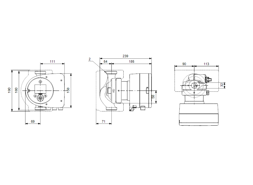 Габаритные размеры насоса Grundfos MAGNA3 32-120 N 180 1x230V PN10 артикул: 98609711