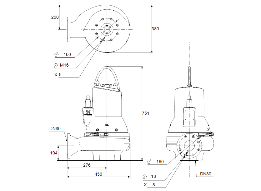 Габаритные размеры насоса Grundfos SLV.80.80.75.A.2.51D.C артикул: 98626269