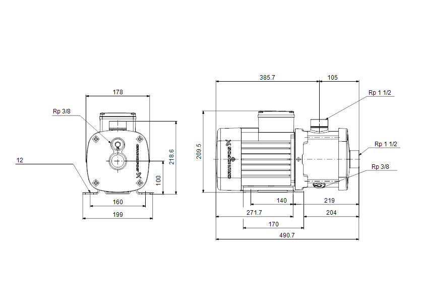 Габаритные размеры насоса Grundfos CM 10-3 A-R-I-E-AQQE F-A-A-N артикул: 98693606