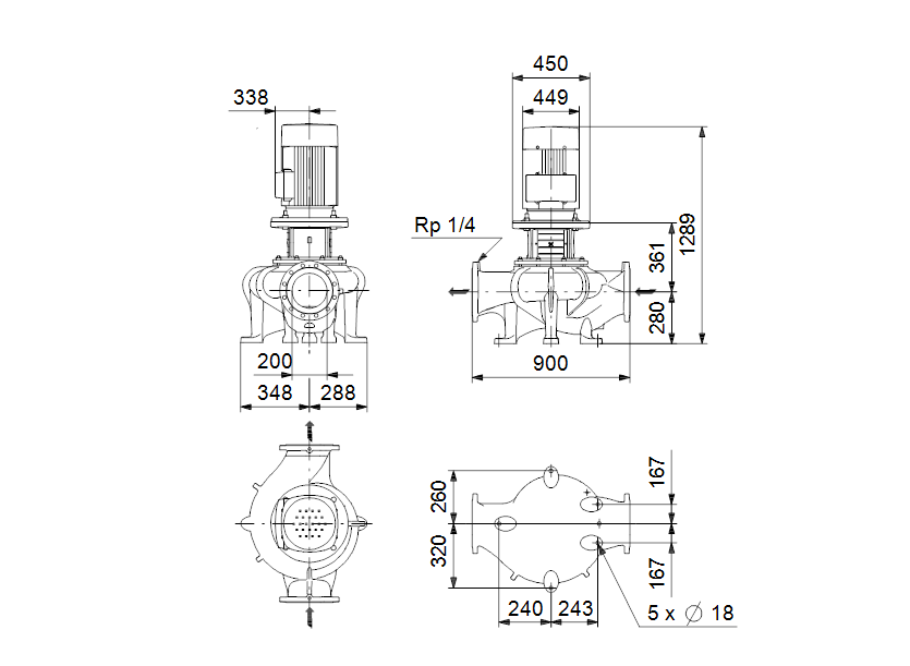 Габаритные размеры насоса Grundfos TP 200-290/4 A3-F-O-DAQF артикул: 98736601