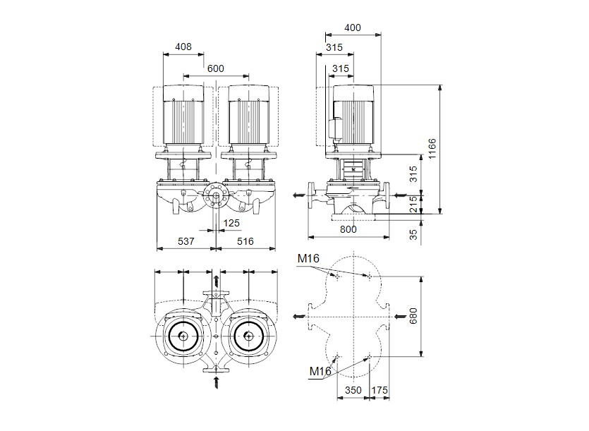 Габаритные размеры насоса Grundfos TPD 125-400/4-A-F-A-BAQE 400D 50HZ артикул: 98742547