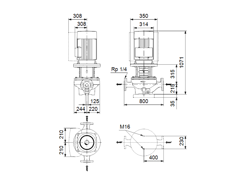 Габаритные размеры насоса Grundfos TPE 125-300/4-A-F-A-BAQE 3X400 50HZ артикул: 98742607