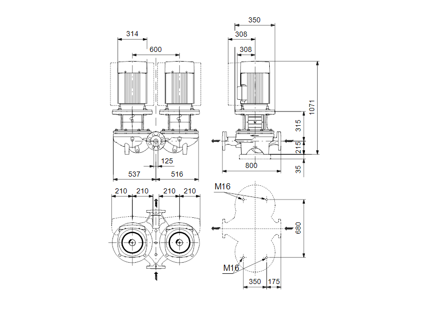 Габаритные размеры насоса Grundfos TPED 125-300/4-S-A-F-A-BQQE 3X400 50HZ артикул: 98742623