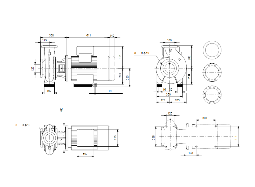 Габаритные размеры насоса Grundfos NB 100-160/176 EUP ASF2ABAQV артикул: 98759917