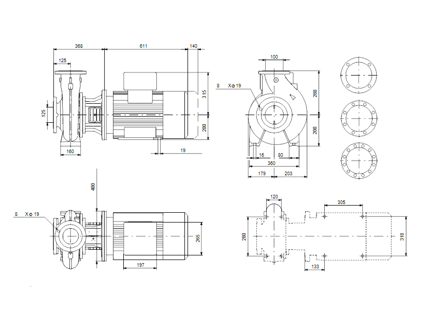 Габаритные размеры насоса Grundfos NB 100-160/176 EUP AF2ABQQE артикул: 98844521