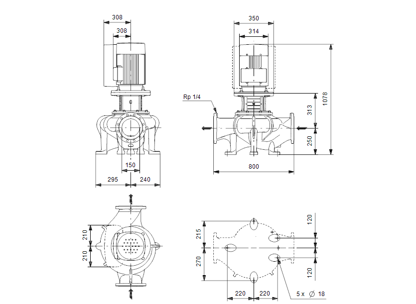 Габаритные размеры насоса Grundfos TPE 150-170/4-S-A-F-A-BAQE 3X400 50HZ артикул: 98908257