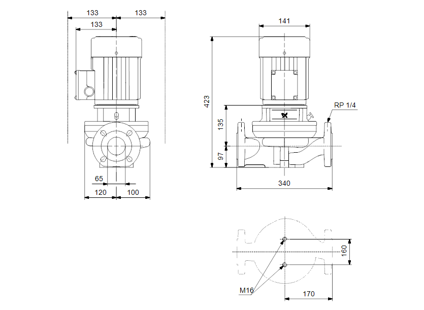 Габаритные размеры насоса Grundfos TP 65-30/4 A-F-A-BQQE артикул: 98957986
