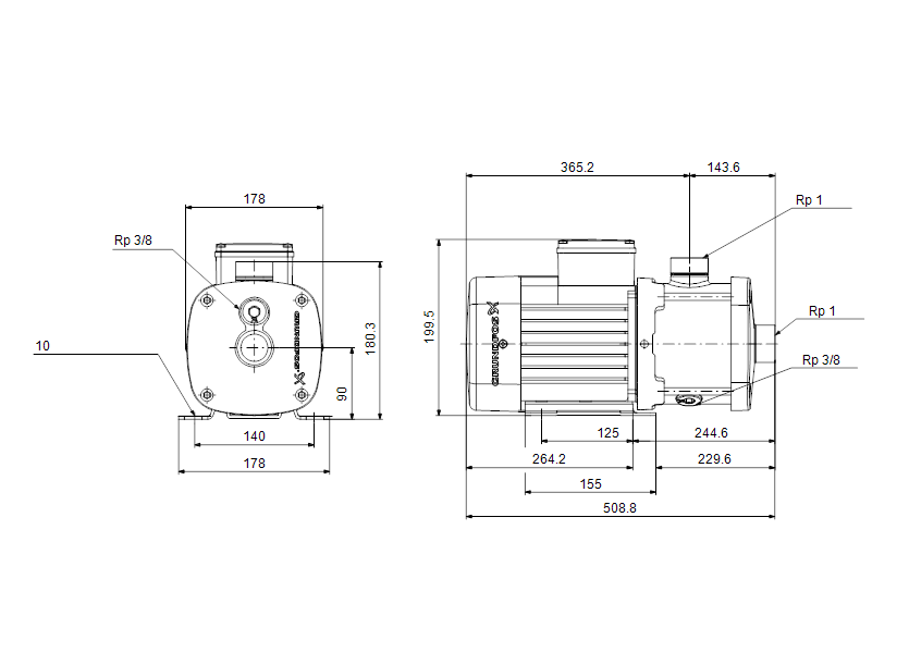 Габаритные размеры насоса Grundfos CM 3-7 A-R-I-E-AQQE O-A-A-N артикул: 98963114
