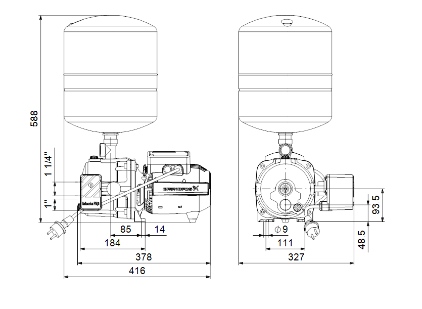 Габаритные размеры насоса Grundfos JPD 4-47 PT-V, 230V, 50Hz, Schuko CN артикул: 99074042