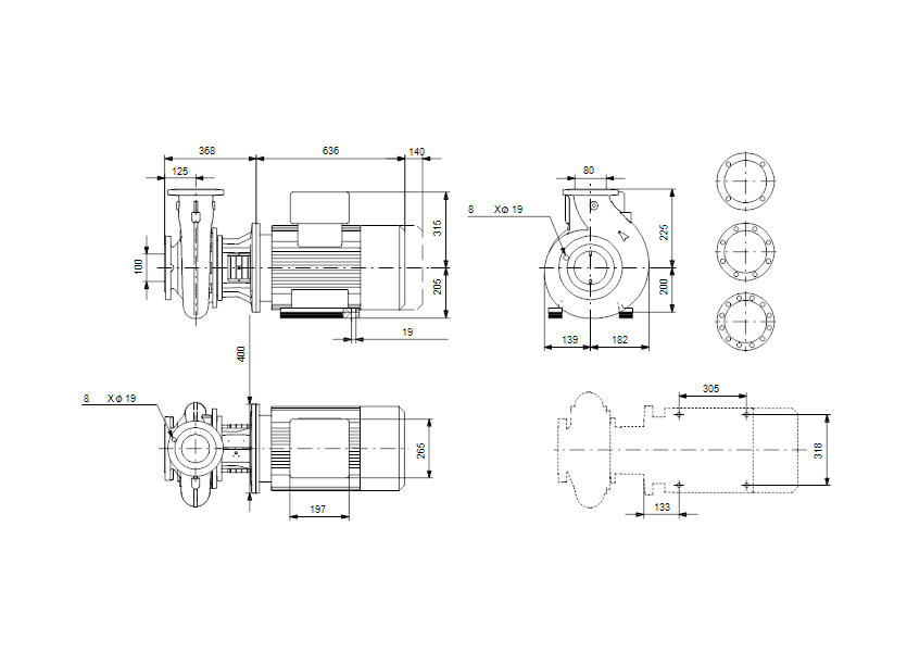 Габаритные размеры насоса Grundfos NB 80-160/165 ASF2ABQQE артикул: 98979831