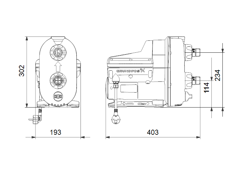 Габаритные размеры насоса Grundfos SCALA2 3-45 AKCCDE 1x200-240V 50/60Hz артикул: 99027073