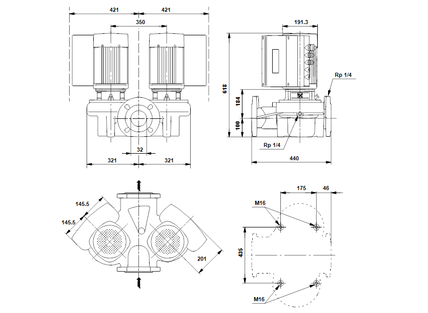 Габаритные размеры насоса Grundfos TPED 32-460/2-S-A-F-A-BAQE 3X400 50HZ артикул: 99067520