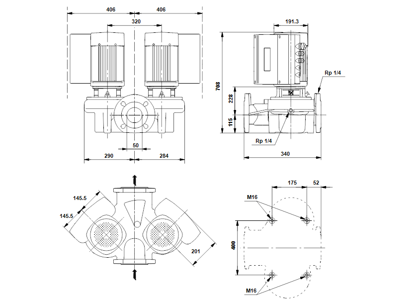 Габаритные размеры насоса Grundfos TPED 50-430/2-S-A-F-A-BAQE 3X400 50HZ артикул: 99067525