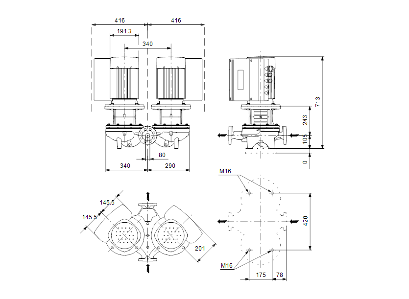 Габаритные размеры насоса Grundfos TPED 80-240/2-S-A-F-A-BAQE 3X400 50HZ артикул: 99067526