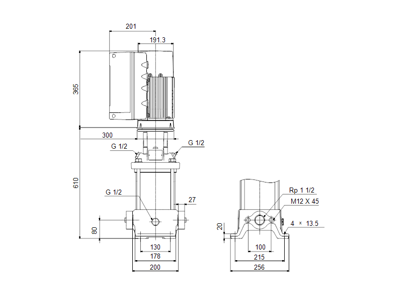 Габаритные размеры насоса Grundfos CRE 10-9 A-A-A-E-HQQE артикул: 99071777