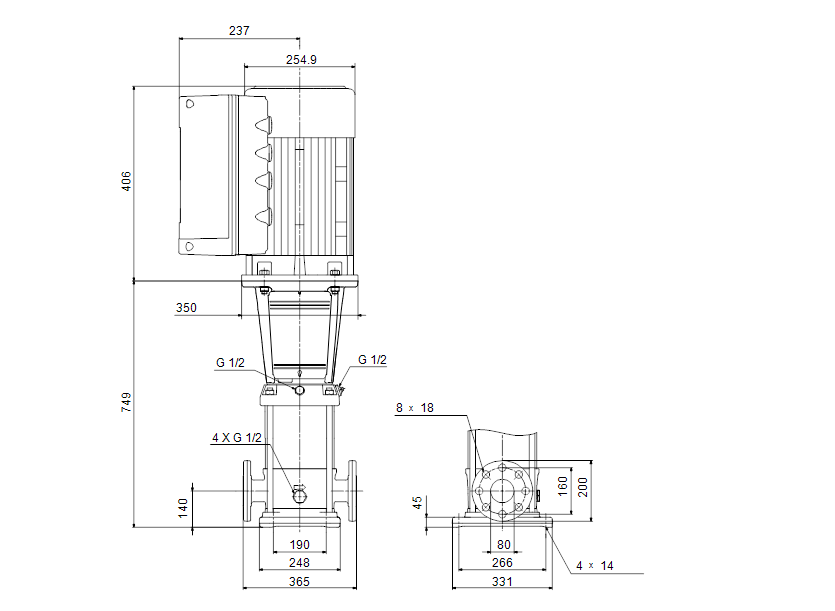 Габаритные размеры насоса Grundfos CRE 45-2-2 A-F-A-E-HQQE артикул: 99072012