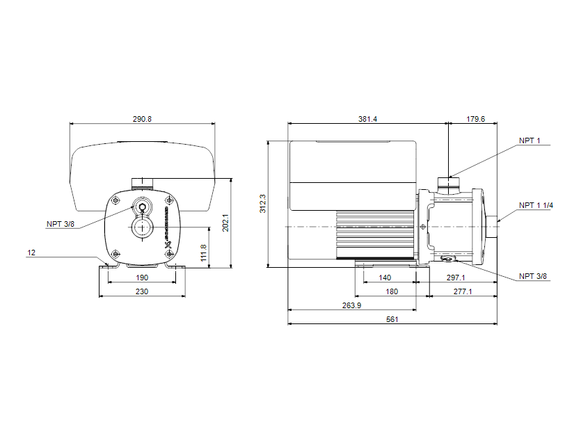 Габаритные размеры насоса Grundfos CME 5-8 A-S-I-E-AQQE T-A-D-N артикул: 99073835