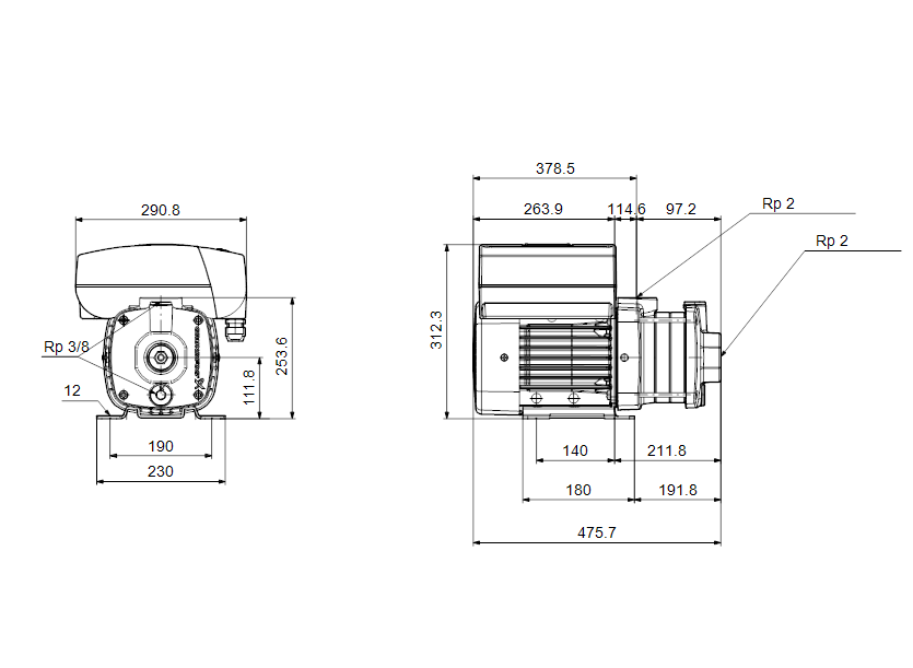 Габаритные размеры насоса Grundfos CME 15-2 A-R-A-E-AQQE артикул: 99077761