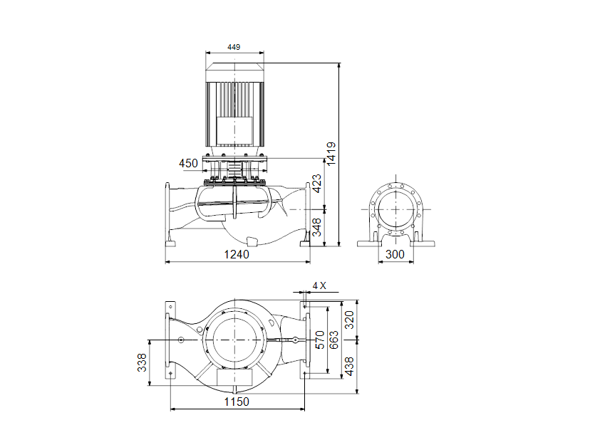 Габаритные размеры насоса Grundfos TP 300-220/4 A3-F-O-DAQF артикул: 99087232