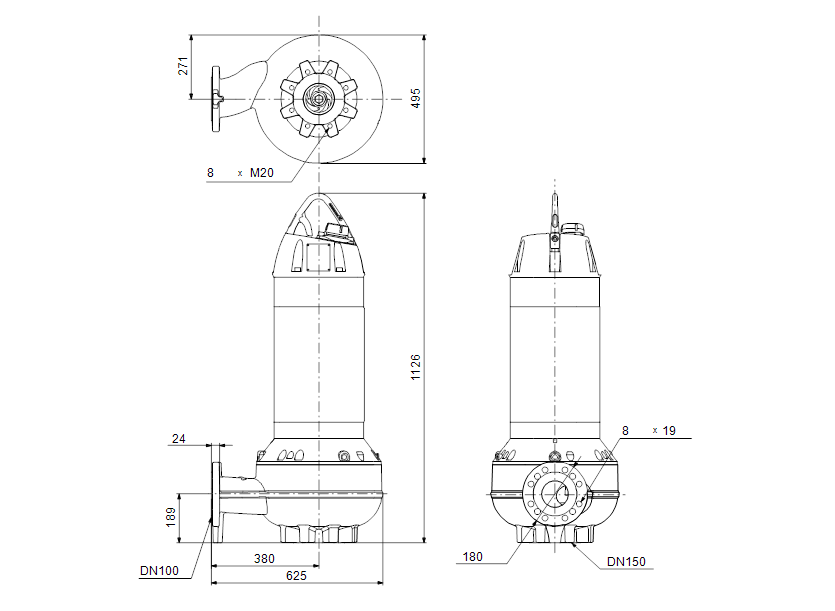 Габаритные размеры насоса Grundfos SL1.95.100.185.4.52H.S.EX.51D артикул: 99110117