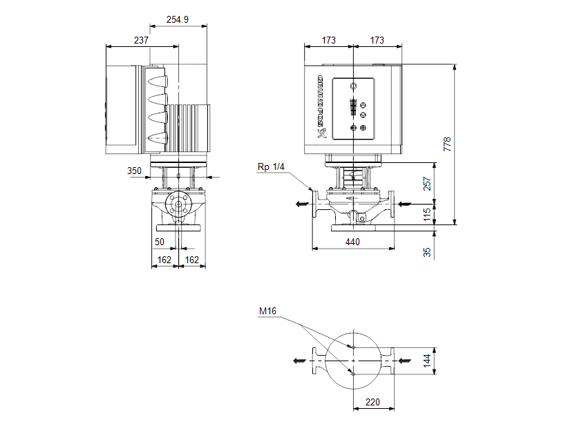 Габаритные размеры насоса Grundfos TPE 50-540/2-A-F-A-BQQE 3X400 50HZ артикул: 99113940
