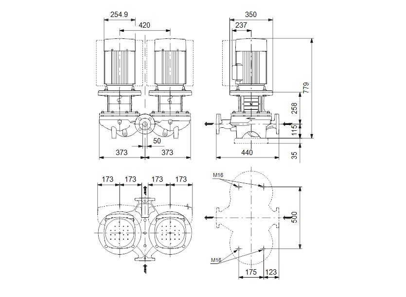 Габаритные размеры насоса Grundfos TPED 50-540/2-A-F-A-BAQE 3X400 50HZ артикул: 99114534