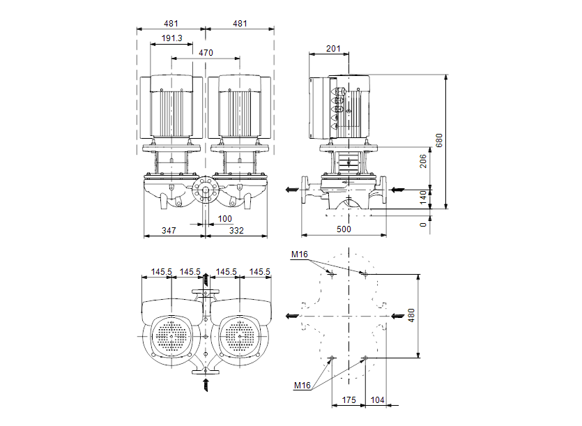 Габаритные размеры насоса Grundfos TPED 100-160/2-A-F-A-BAQE 3X400 50HZ артикул: 99114545