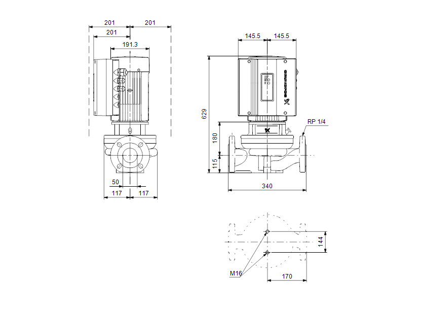 Габаритные размеры насоса Grundfos TPE 50-290/2-S-A-F-A-BAQE 3X400 50HZ артикул: 99114572