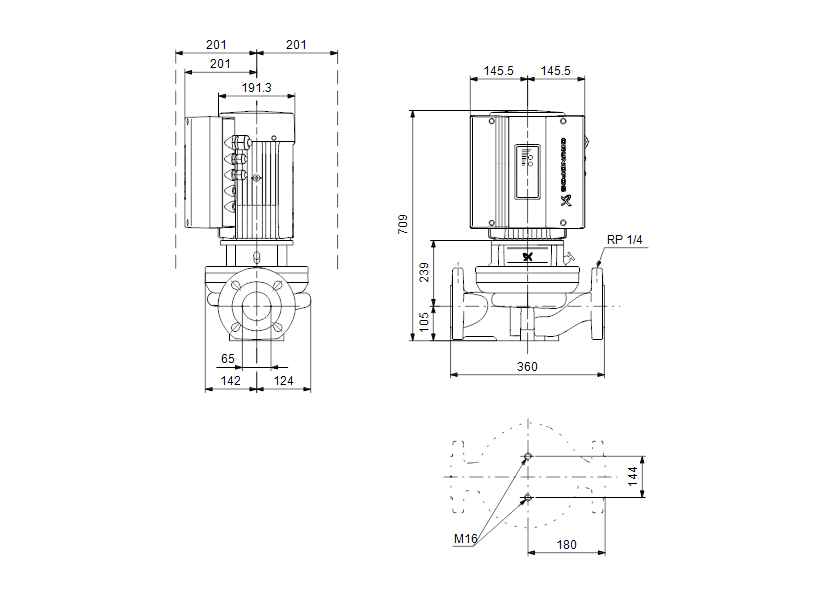 Габаритные размеры насоса Grundfos TPE 65-340/2-S-A-F-A-BAQE 3X400 50HZ артикул: 99114579