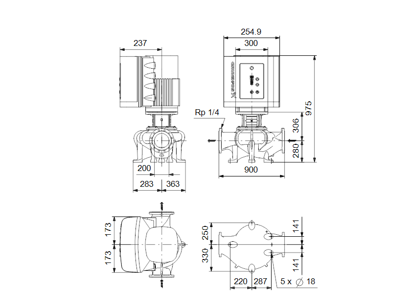 Габаритные размеры насоса Grundfos TPE 200-90/4-S-A-F-A-BAQE 3X400 50HZ артикул: 99114654