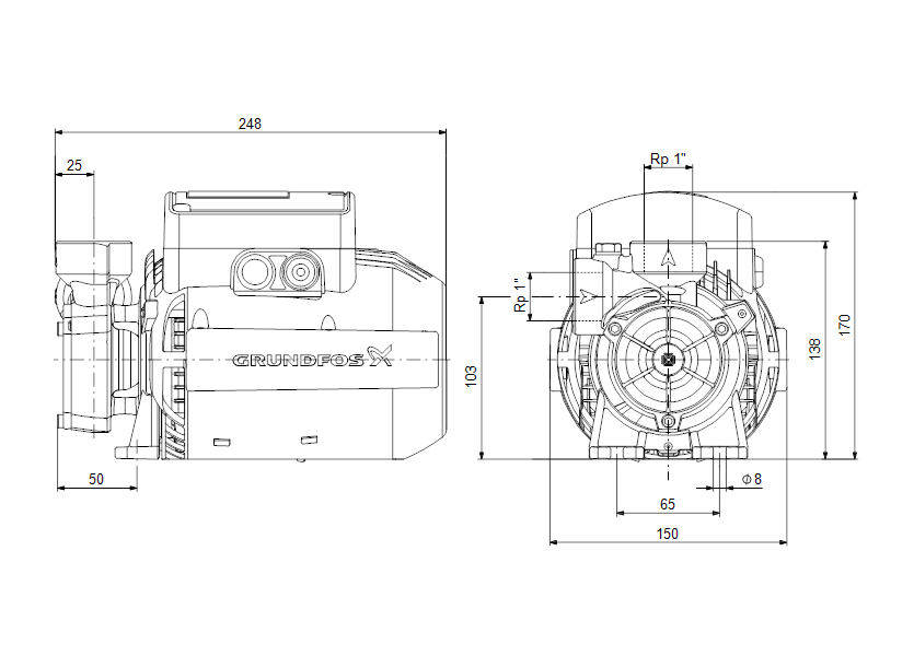 Габаритные размеры насоса Grundfos PF 1-30 CVBP 1x230V 50Hz Schuko HU артикул: 99126433