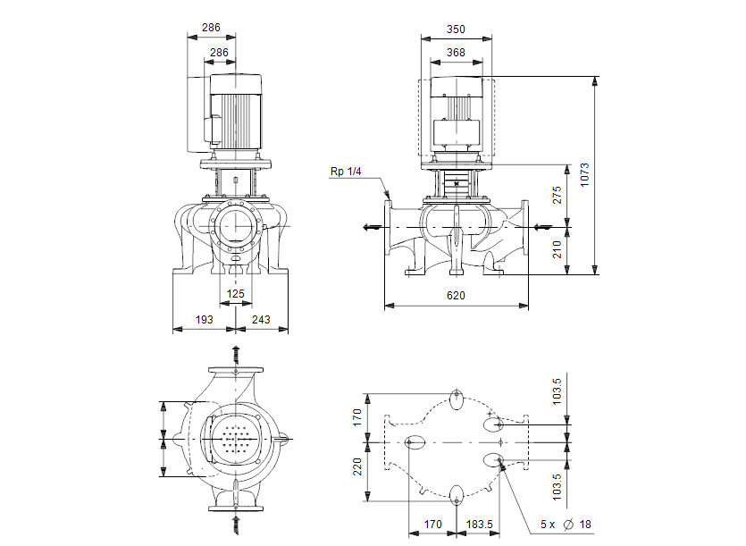 Габаритные размеры насоса Grundfos TP 125-310/2 A-F-A-BAQE артикул: 99128263