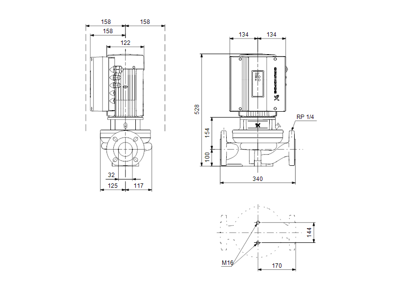 Габаритные размеры насоса Grundfos TPE 32-320/2-S-A-F-A-BAQE 3X400 50HZ артикул: 99133561