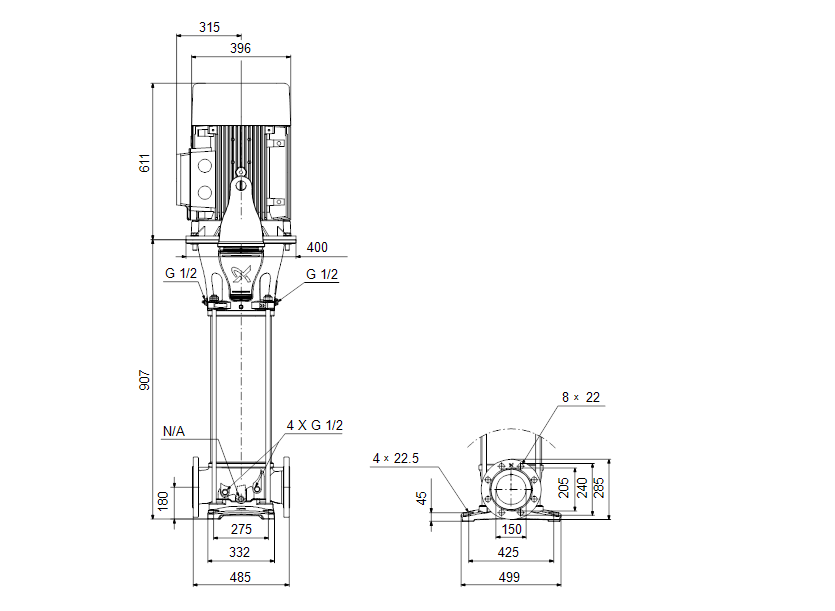 Габаритные размеры насоса Grundfos CR 155-2 A-F-A-V-HQQV артикул: 99143265
