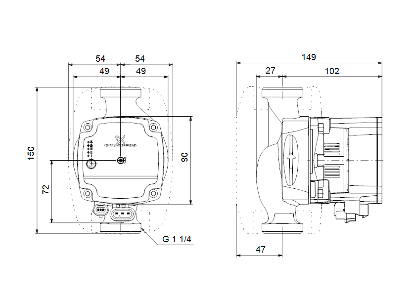 Габаритные размеры насоса Grundfos ALPHA1 L 20-40 N 150 1x230V 50Hz 6H артикул: 99160595