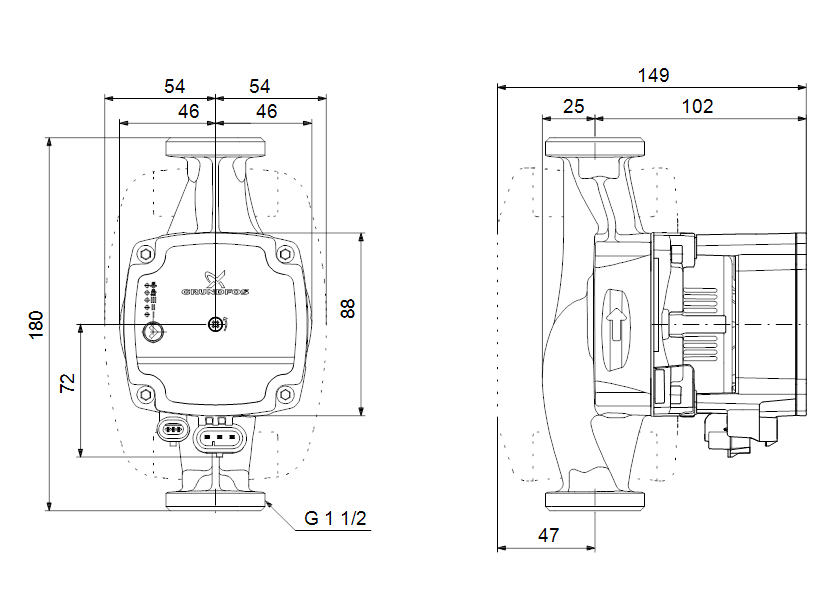 Габаритные размеры насоса Grundfos ALPHA1 L 25-40 180 1x230V 50Hz 6H RU артикул: 99199611