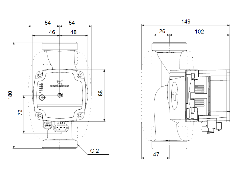 Габаритные размеры насоса Grundfos ALPHA1 L 32-60 180 1x230V 50Hz 6H RU артикул: 99199614