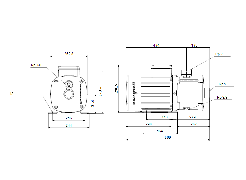 Габаритные размеры насоса Grundfos CM 25-4 A-R-I-E-AQQE F-A-A-N артикул: 99205260