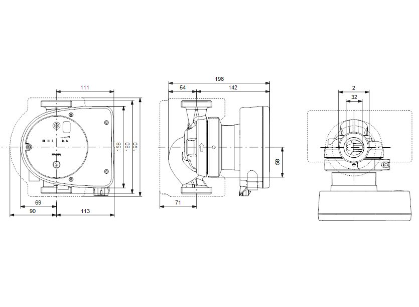 Габаритные размеры насоса Grundfos MAGNA1 32-100 артикул: 99221236