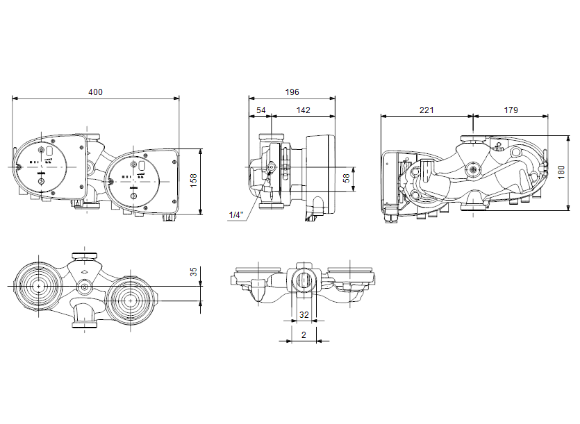 Габаритные размеры насоса Grundfos MAGNA1 D 32-40 артикул: 99221238