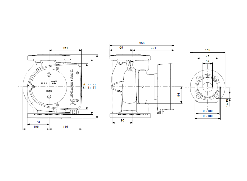 Габаритные размеры насоса Grundfos MAGNA1 32-120 F артикул: 99221285