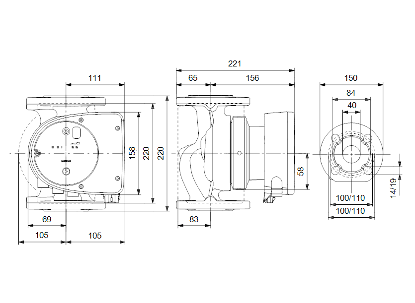 Габаритные размеры насоса Grundfos MAGNA1 40-60 F артикул: 99221292