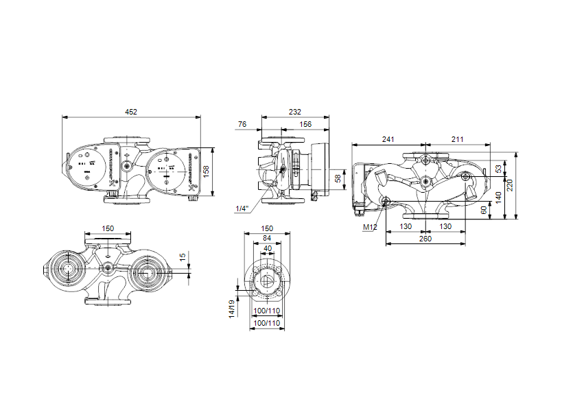 Габаритные размеры насоса Grundfos MAGNA1 D 40-60 F артикул: 99221294