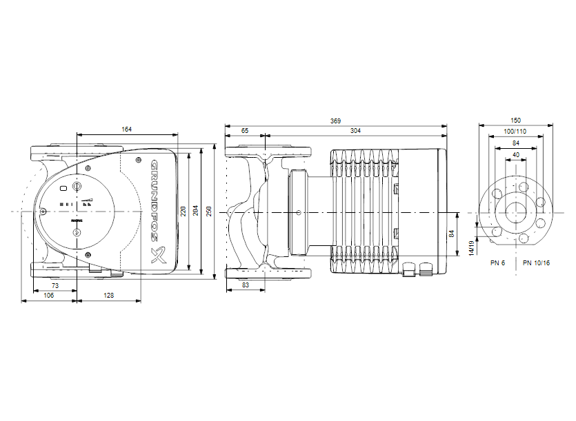 Габаритные размеры насоса Grundfos MAGNA1 40-150 F артикул: 99221306